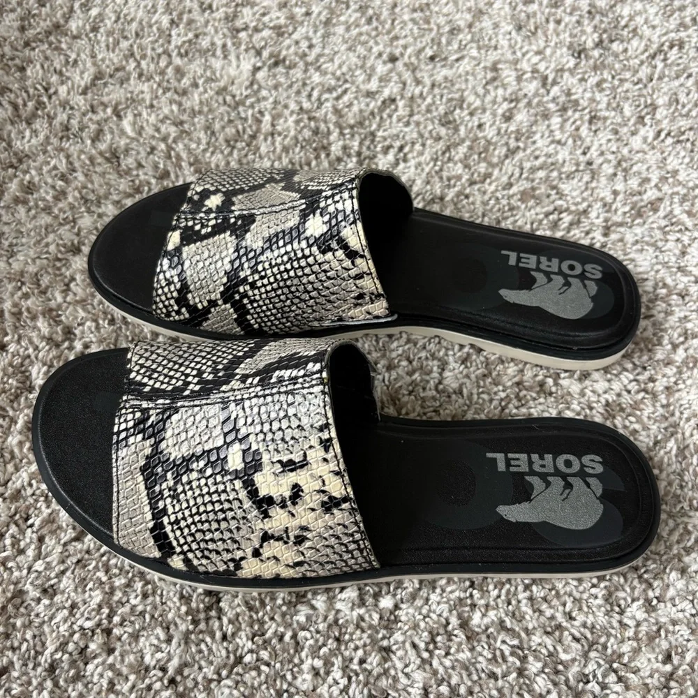 Sorel Women's Ella II Block Slide Black Snakeskin Print Sandals Size 7